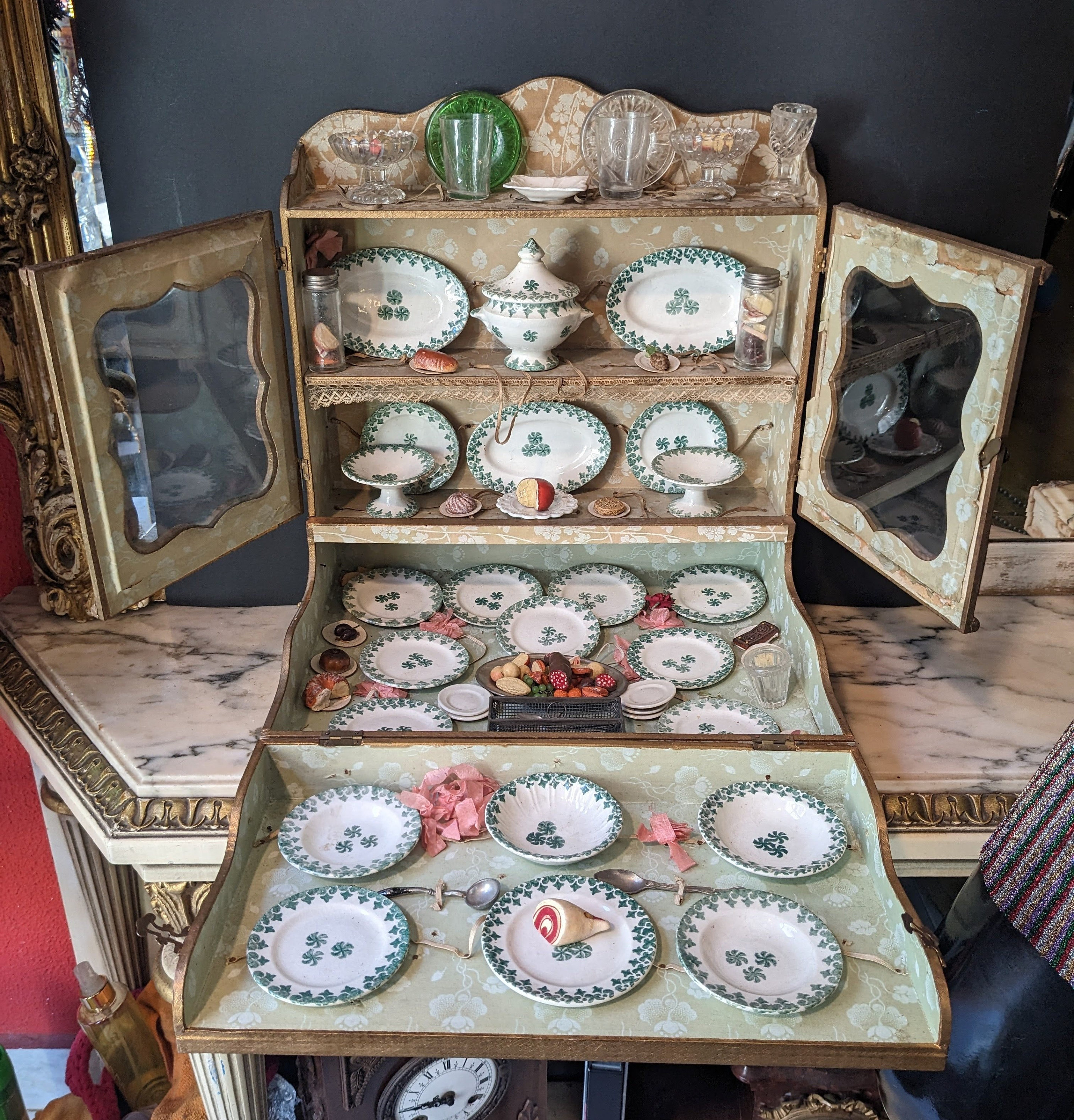 Antique French Doll Dinnerware Set in Brocade Cabinet, 19th