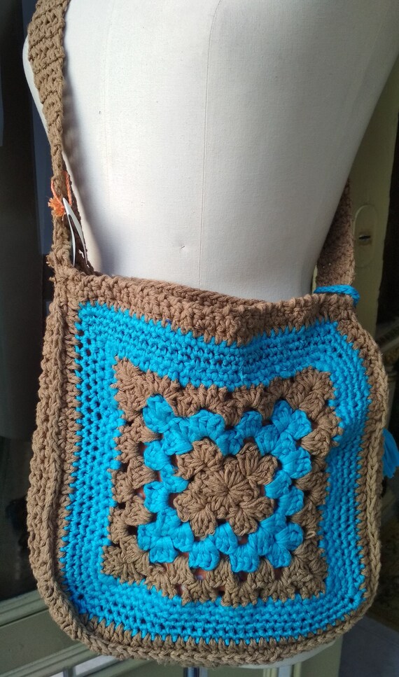 Bags Crochet Handmade Shoulder bag Blue and Brown… - image 9