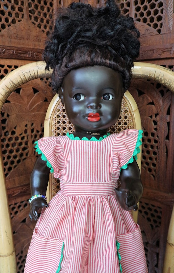RARE POUPON ANCIEN NOIR TÊTE BISCUIT - MÉCANISME À SOUFFLET - 18 CM