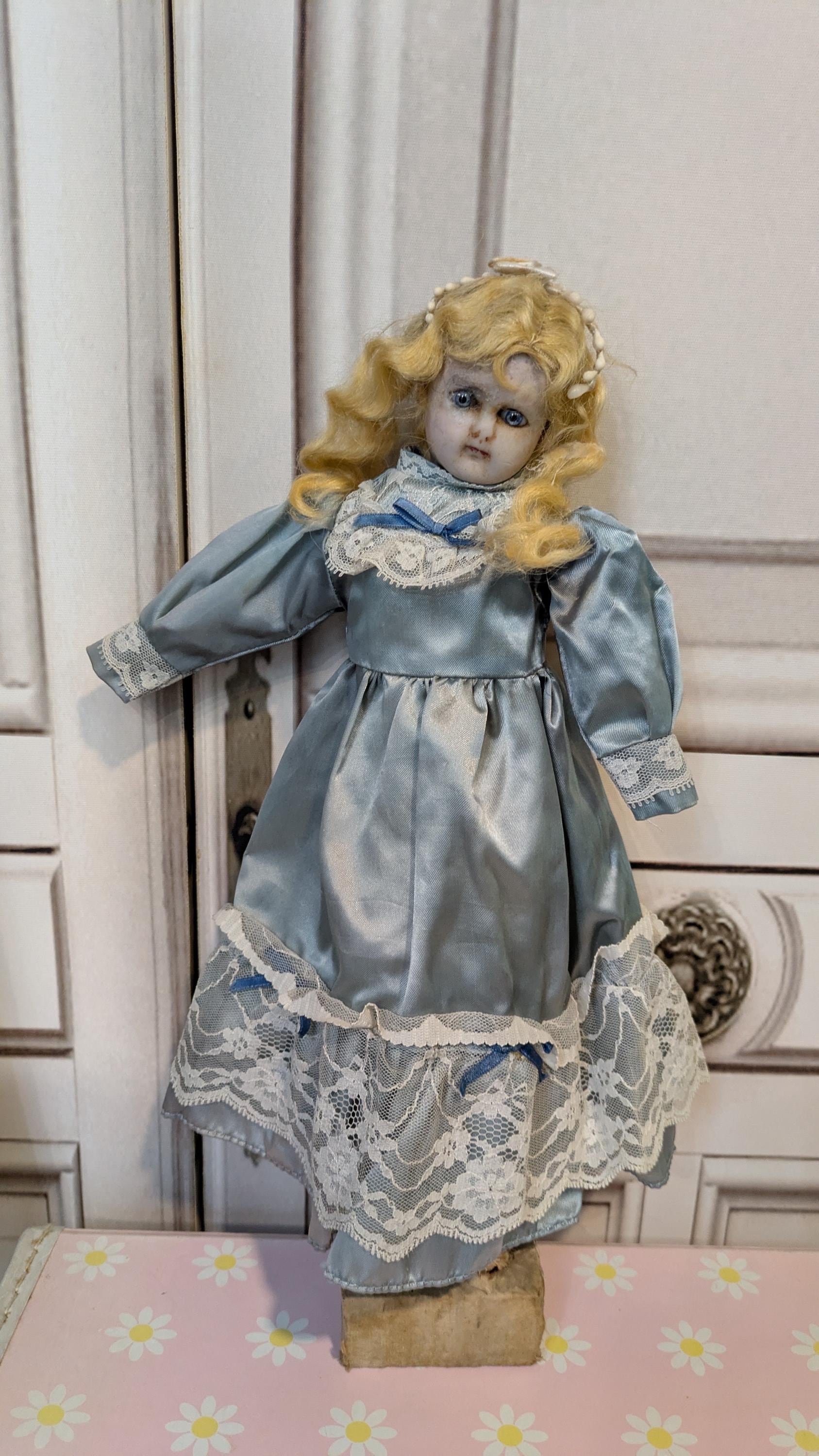 Antique Wax Doll and Composition With Clothing Lot and Box