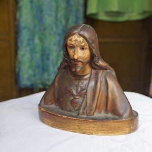 Vintage Sacred Heart of Jesus plaster statue //  Religious Catholic Christian gifts