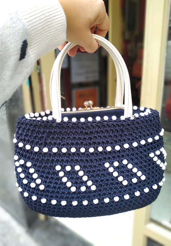 Vintage 60s Dark Blue and White Crochet  Knitted … - image 1