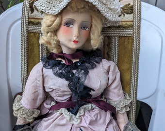 Belle et rare poupée Boudoir /Poupée française antique /Rose pâle / Mains en soie