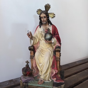 Sacred Heart Jesus Sculpture Polychrome Sacred Heart, Figure of Jesus, Plaster Sculpture Jesus