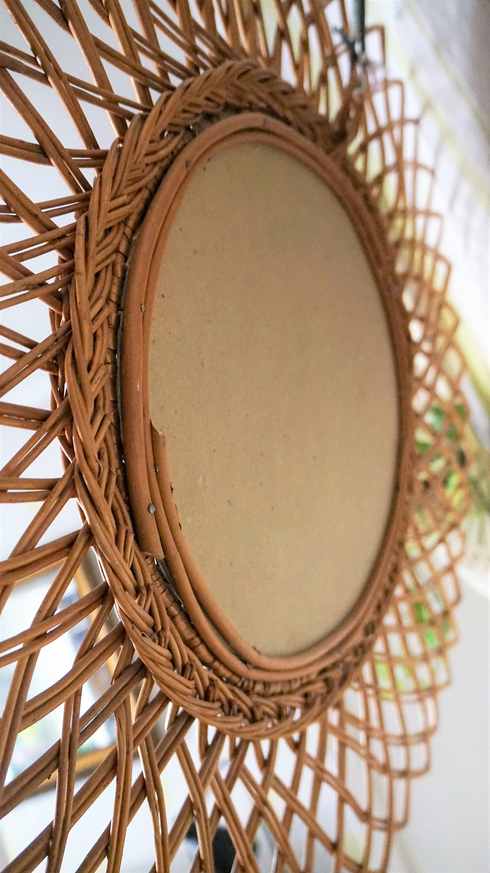 ヴィンテージ竹製ミラー（籐製ハンドメイド）//サンフラワーラタン
