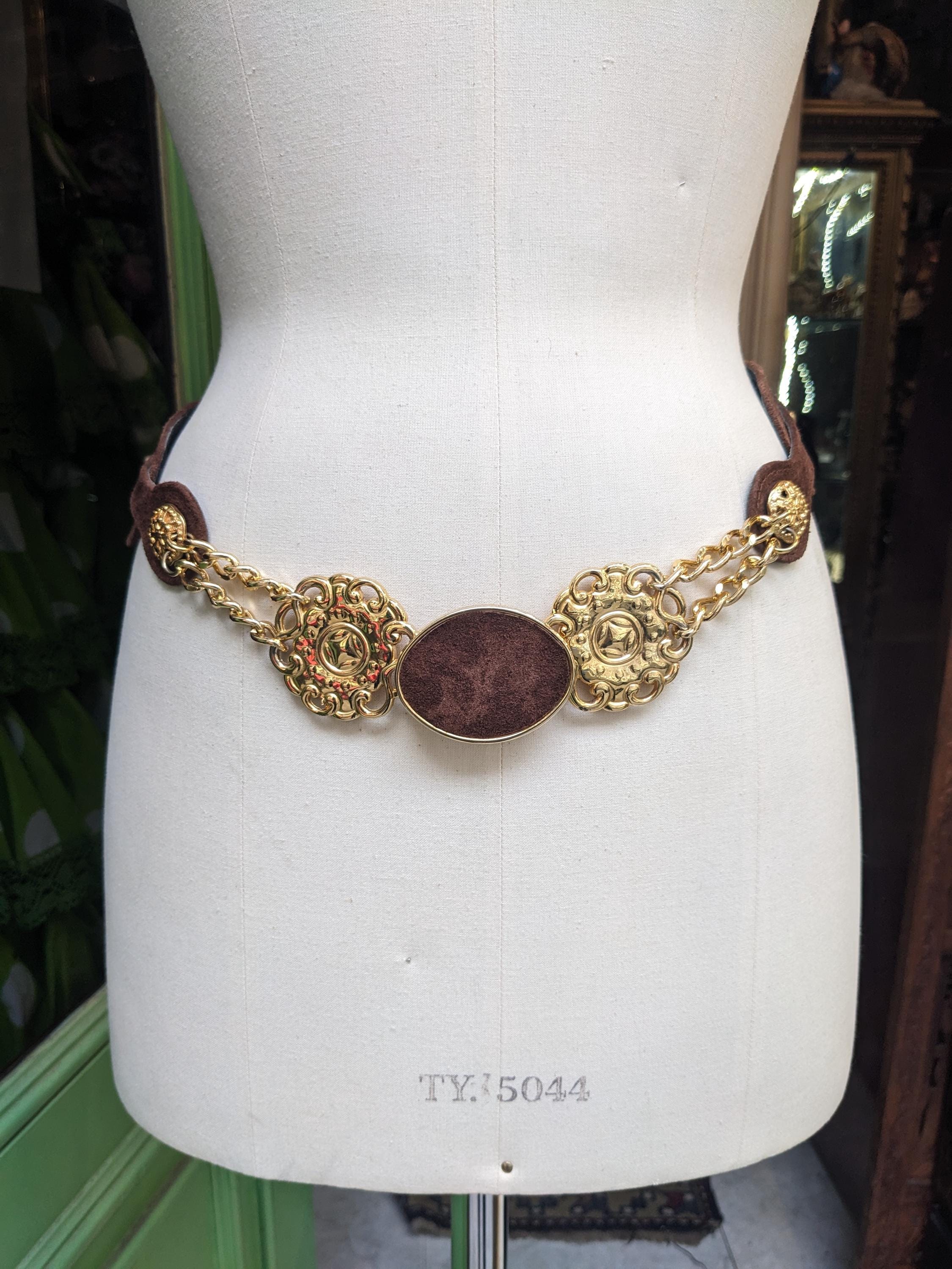 Vtg 90s ESCADA Belt Suede Leather Gold embellished 80s 90s Vintage ESCADA Red Gold Gemstone Belt Metallic Wide  main image 4