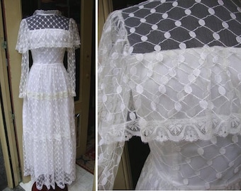 Vintage Hochzeitskleid 70er / Alle Spitze, weiß, S / Tüll mit Polka Dot Romantisches Boho Hochzeitskleid