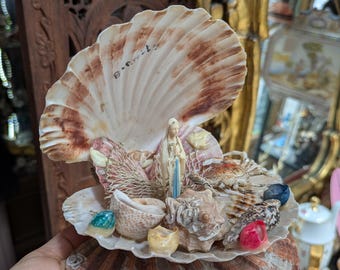 Sea shell shrine/Virgin Mary statue/Shell work grotto/Shell art religious artifact/Folk art/Catholic home devotion/Mid century French kitsch