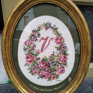 Vintage petit point V letter in antique Gold frame // Home Decor Shabby Chic