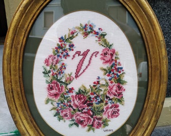 Vintage petit point V letter in antique Gold frame // Home Decor Shabby Chic