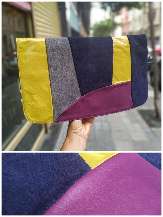 Vintage Clutch Leather bag Multicolor / Fashion Handbag Gray, purple, blue and pistache