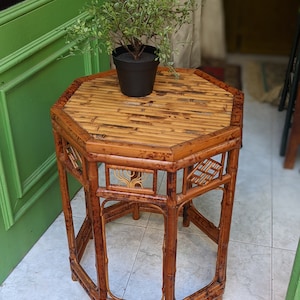 Vintage table octagon Bamboo natural rattan / Mid century modern living / Home Decor