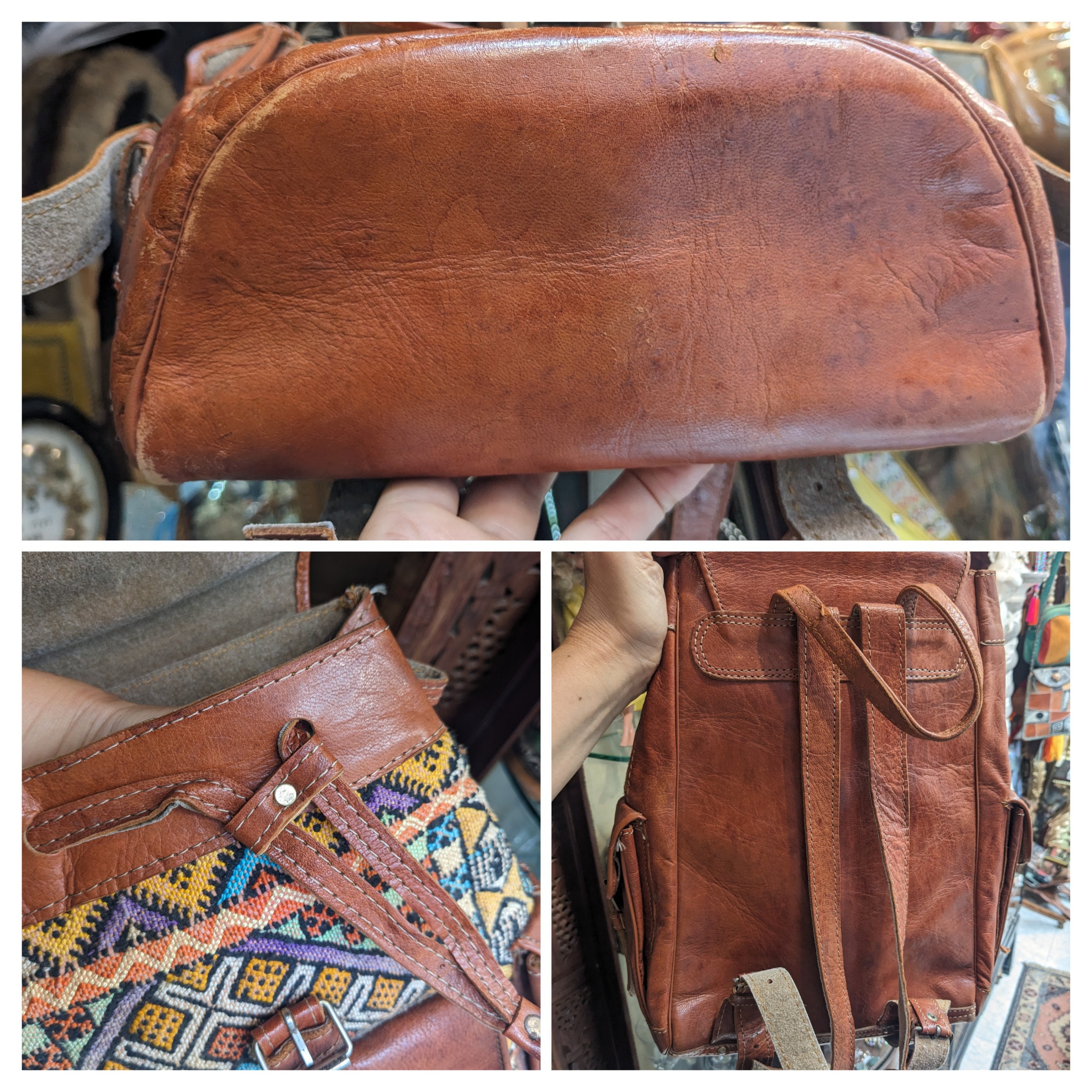 Longchamp Vintage Leather Kilim Backpack // Designer Ethnic  display picture 2