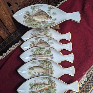 Set of fish bowls, Dish service for six people, Dishes with six different fish