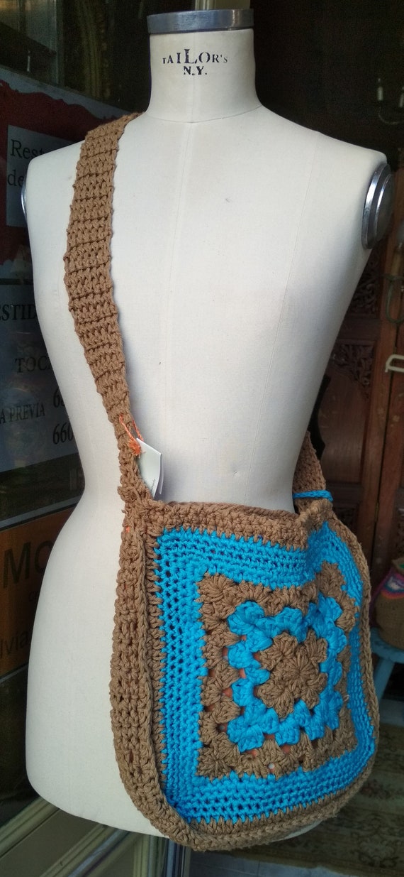 Bags Crochet Handmade Shoulder bag Blue and Brown… - image 10