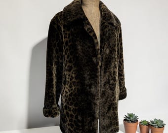 Vintage Leopard Print Faux Fur Coat | 90s Animal Print Jacket | Women’s Retro Winter Statement Coat | 80s Glam Style