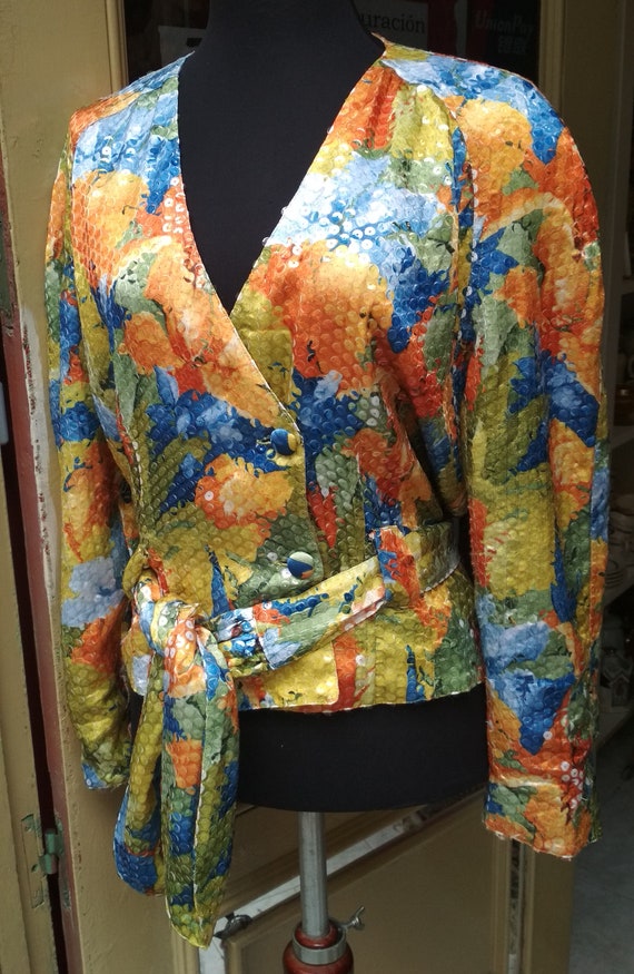 Vintage 80s Sequin Jacket colorful with belt / Ra… - image 1