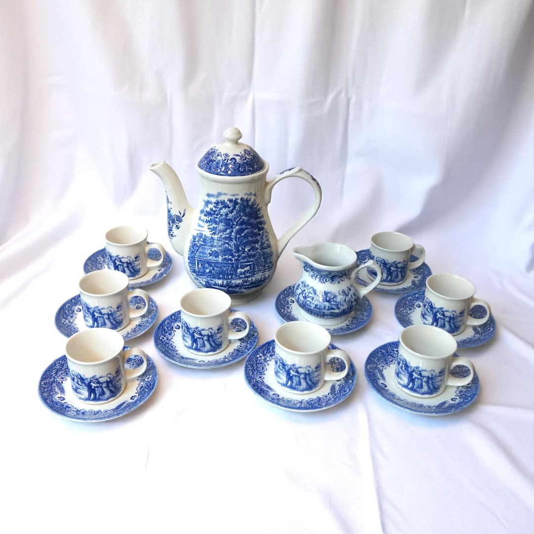 Vintage Churchill Coffee Set Cobalt Blue // Currier Ives// Made in