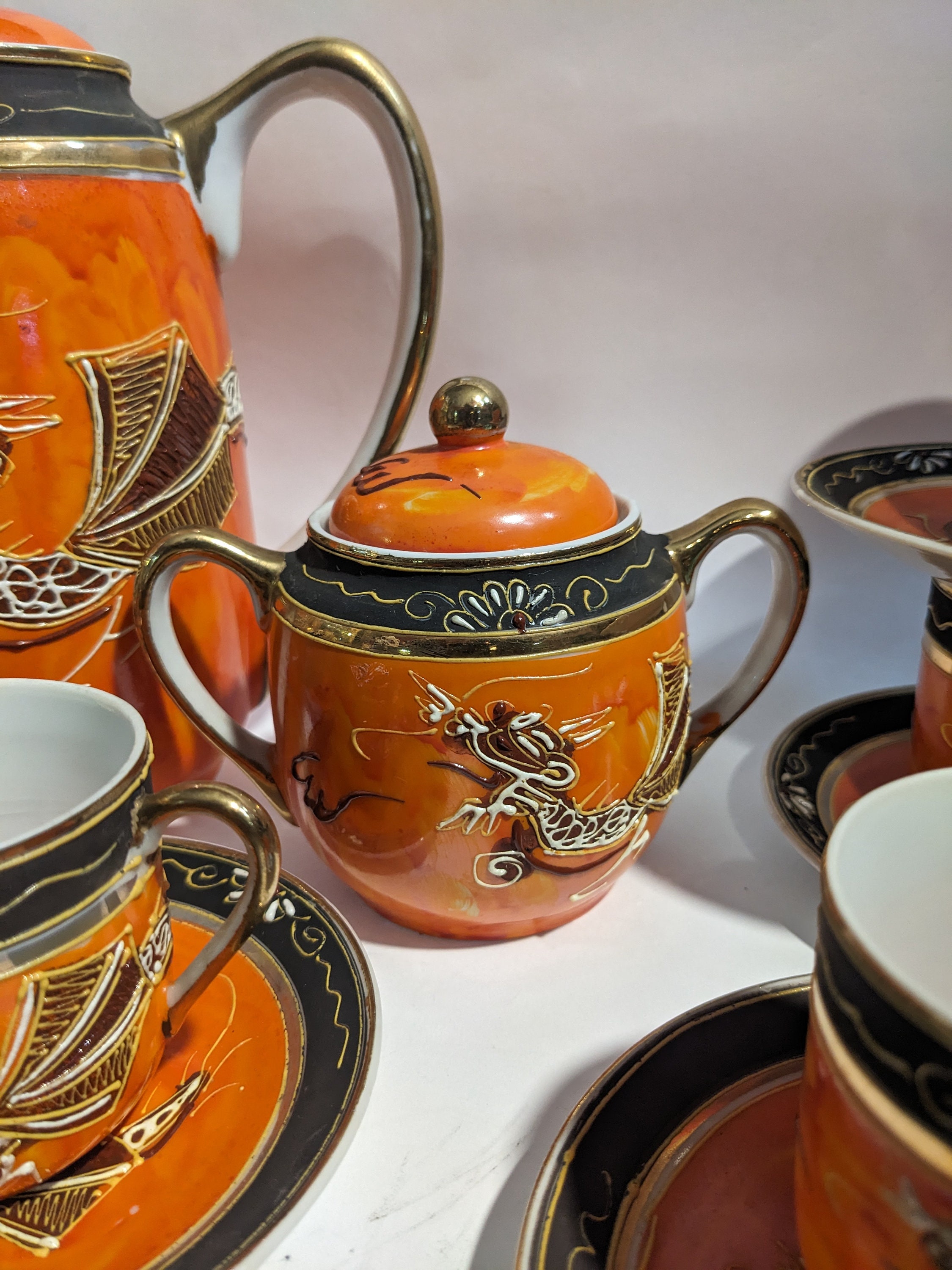 Vintage Coffee Set Orange Moriage // Dragon Ware, Oriental
