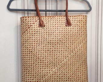Vintage Gran cesta tote XL cuero asas paja rafia mimbre