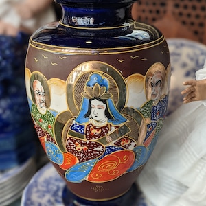 Antique VAse Cobalt Japanese Satsuma Moriage