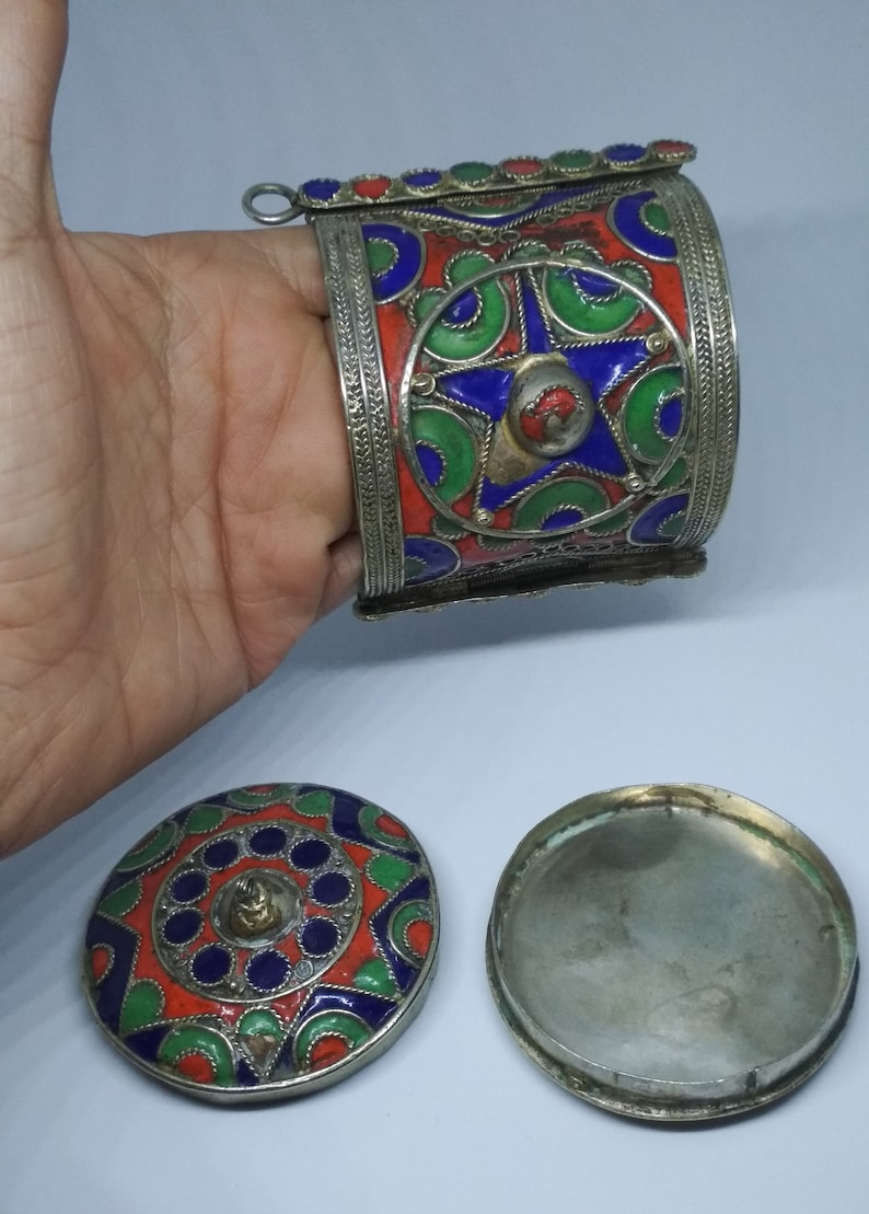 Vintage Bangle box Tribal Jewelry Enamel Berber Bracelet and Box