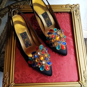 Satin Black Jewelry Shoes VINTAGE heel Colorful by Charter Club made in Spain / Party shoes / Designer
