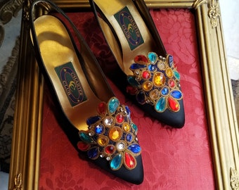 Satin Black Jewelry Shoes VINTAGE heel Colorful by Charter Club made in Spain / Party shoes / Designer