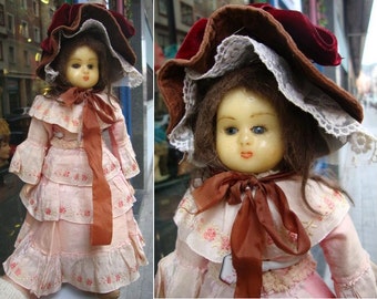 Antique Doll 14" Wax Head & Shoulder Cloth Body Doll / Vintage Wax Doll Pink Dress