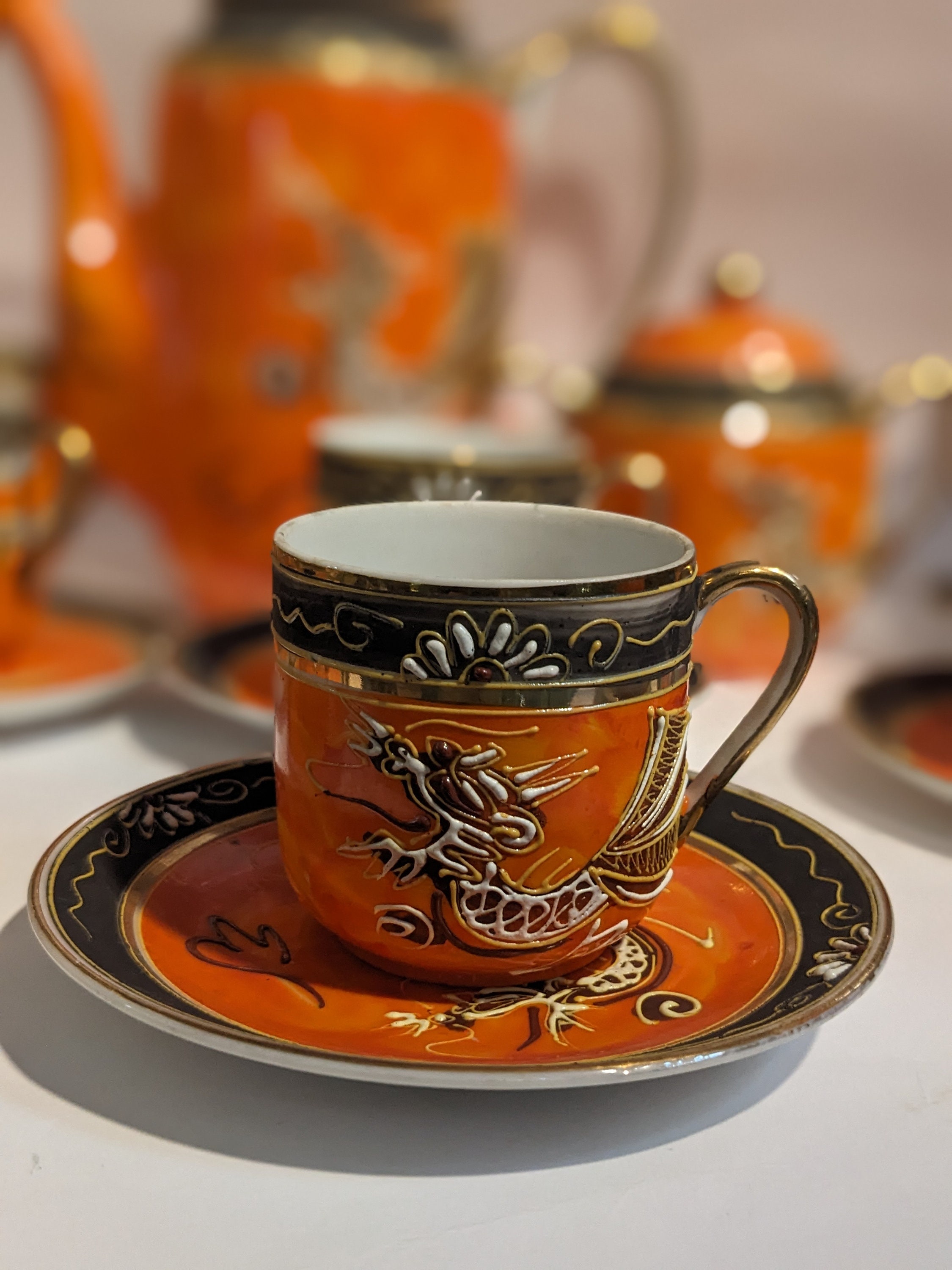 Vintage Coffee Set Orange Moriage // Dragon Ware, Oriental