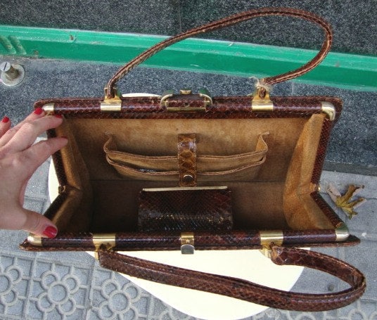 Sac Vintage Années 1950 En Cuir Python (reptile) - Couleur Cognac - Style Sac à Main