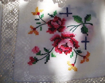 Vintage cross stitch tablecloth, 60.8" inch x 52.7" inch Large, lace tablecloth, handmade cotton/linen