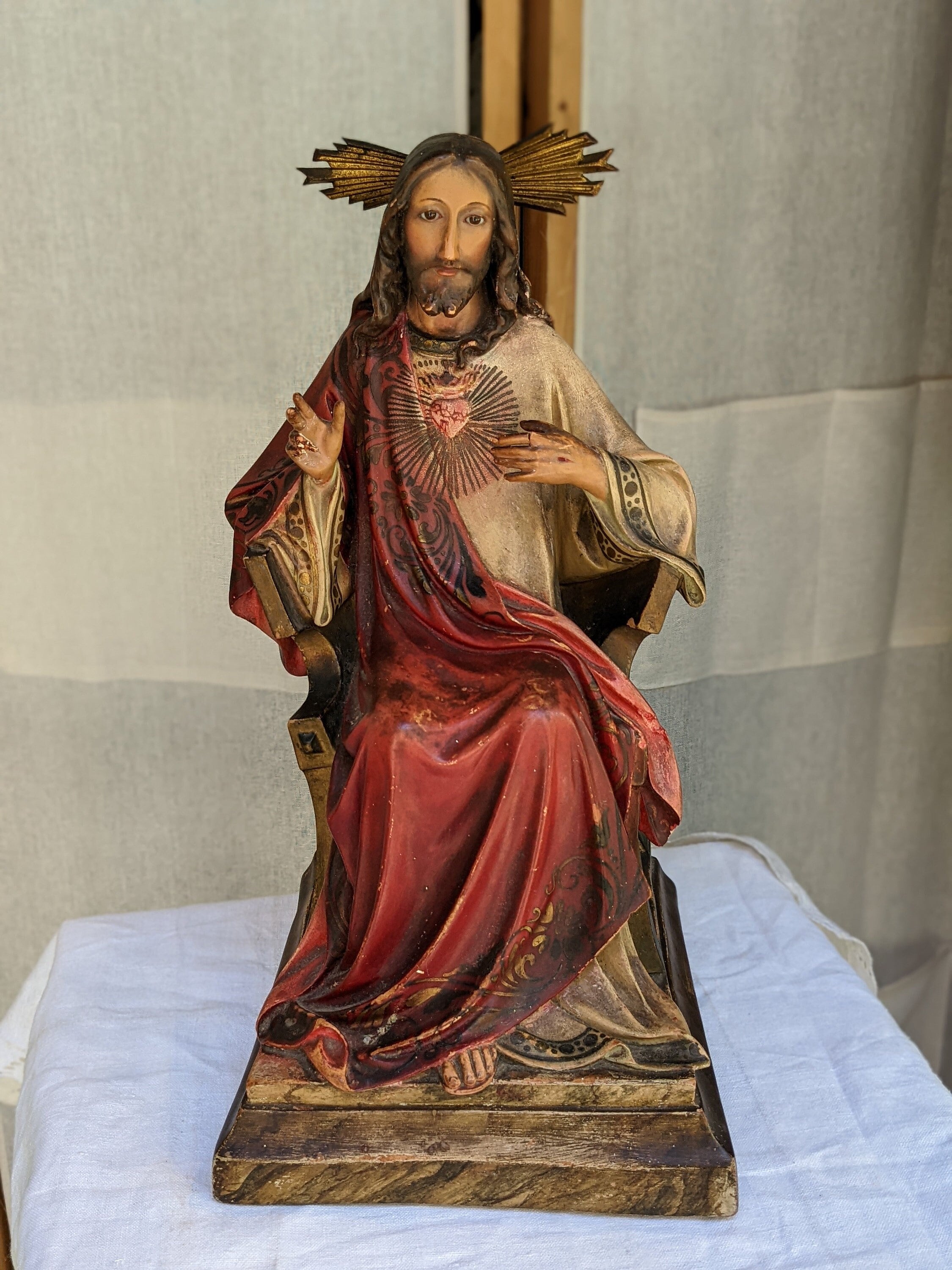 イエス・キリスト像 Jesus Statue アンティーク 木彫り彫刻 イエス・キリスト像、イエスの聖心のチョーク彫刻、家庭の祭壇用の