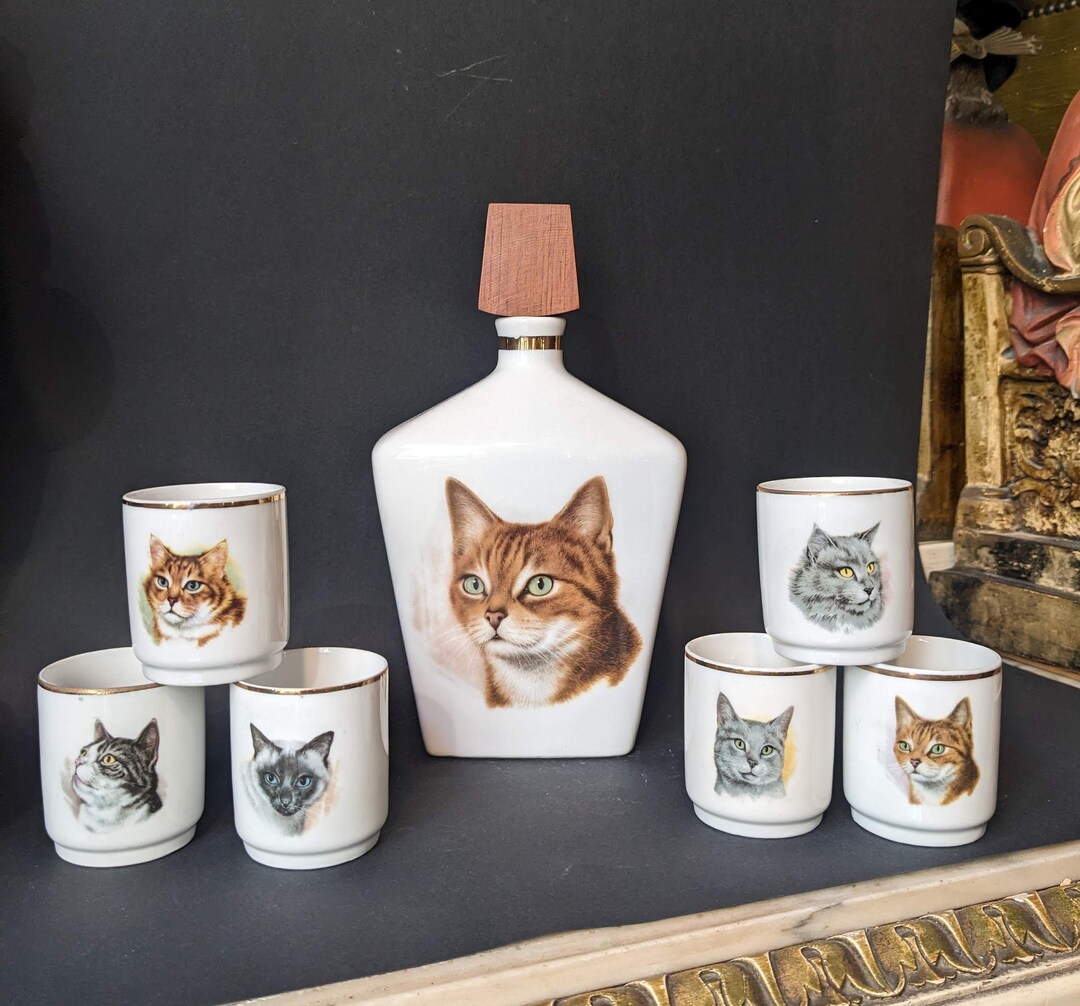 Vintage Decanter Cats With Cups Porcelain 70s // Made in Spain Janbo Etsy