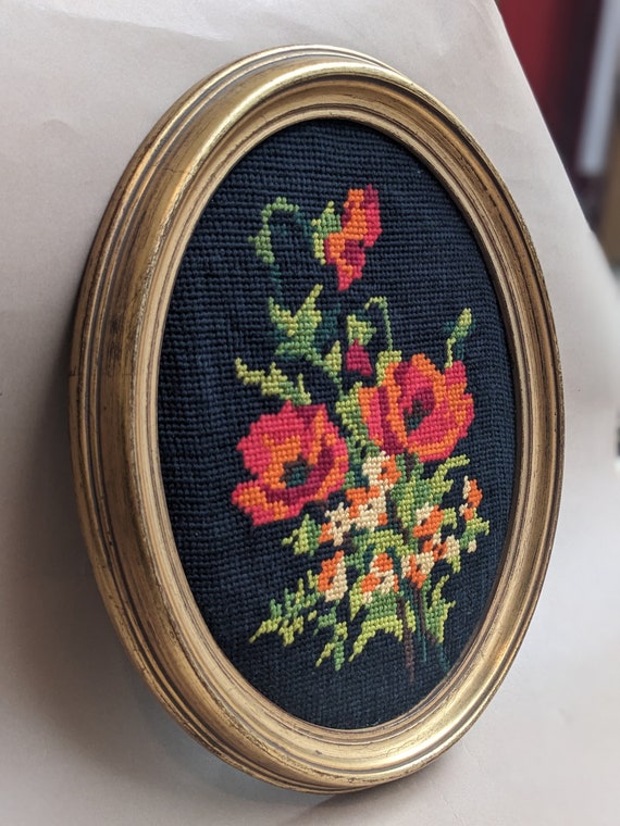 Vintage French Needlepoint Embroidery Flowers in Oval Gold Wood