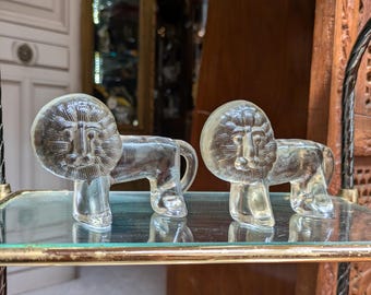 Pair clear glass Lion Figurine Erik Hoglund