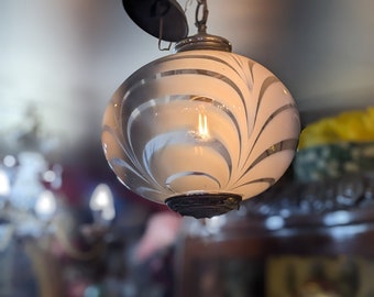 Vintage Hand Blown Opaline Glass // Chrome Pendant Light Fitting, c. 1960s Mid Century