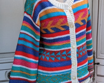 Vintage Handknnited Stripes Cardigan Rainbow // Slow Fashion Clothes Woman