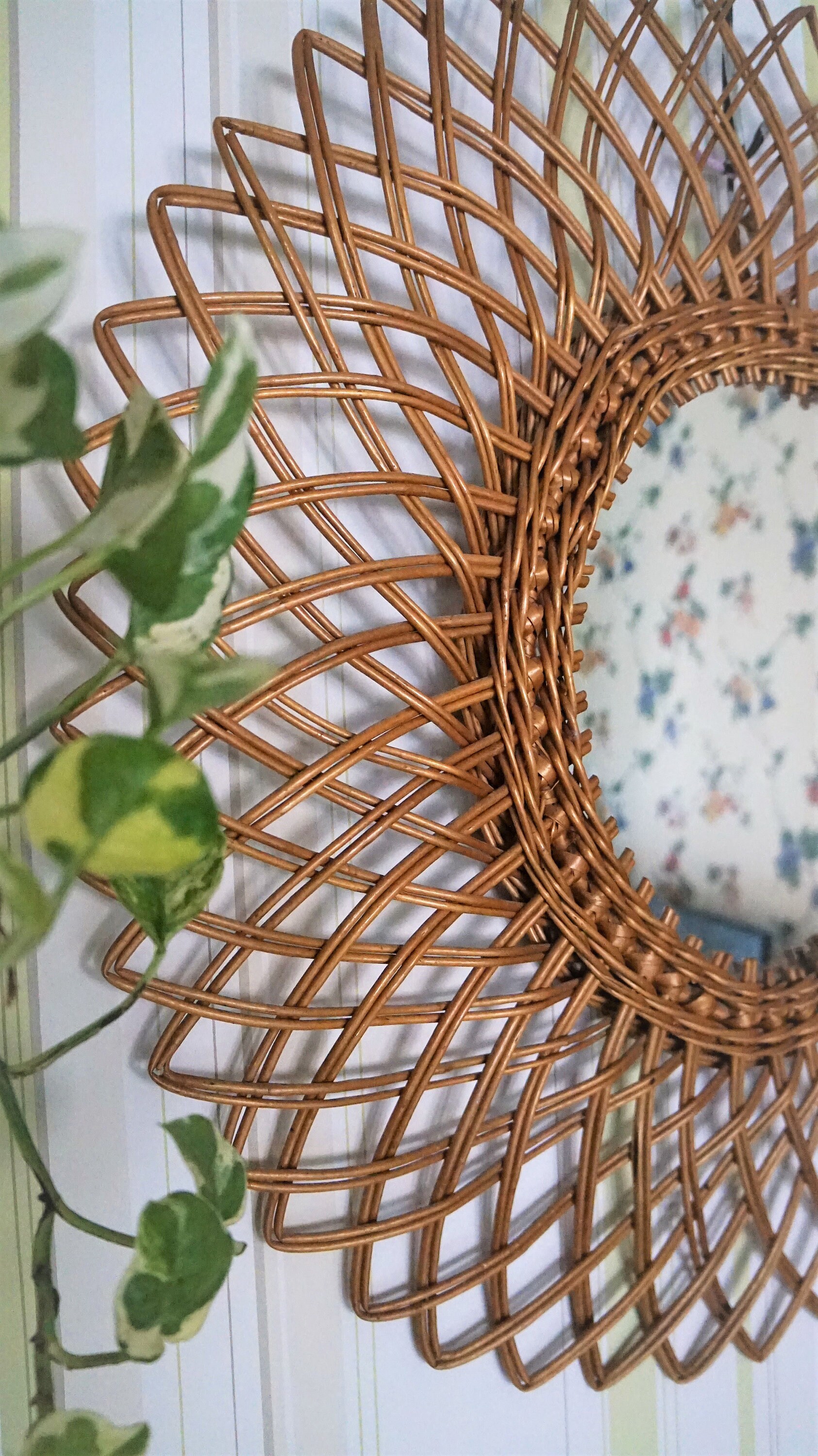 ヴィンテージ竹製ミラー（籐製ハンドメイド）//サンフラワーラタン