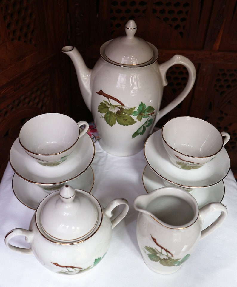 Vintage Thee set porselein gemaakt in Spanje // Home Decor Coffe set met de hand geschilderd afbeelding 6