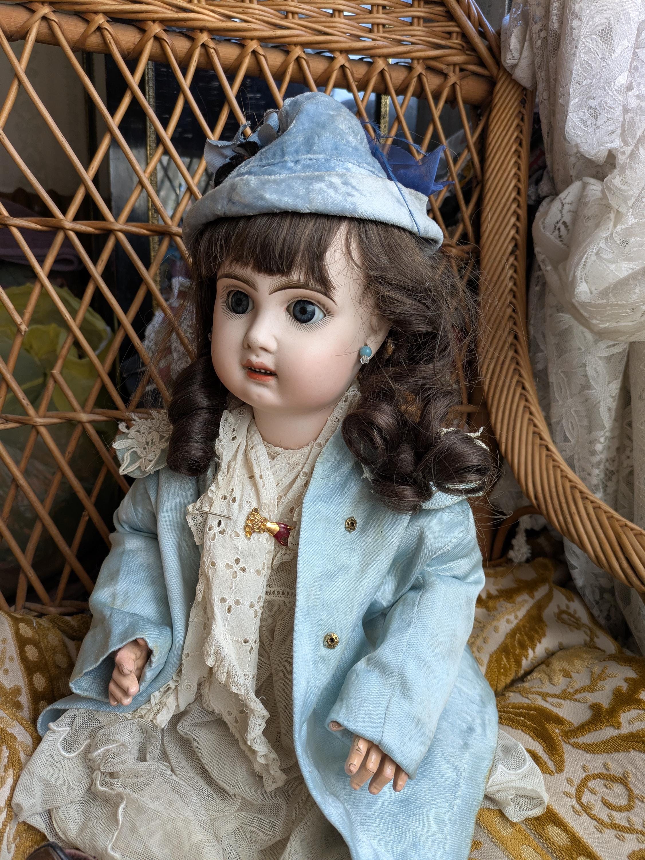 アンティーク テテ ジュモー ドール 20 インチ ドレスとコート（ブルー