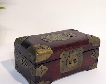 Antique Jewelry Box Chinese Wooden Chest Handmade Jade and Golden Brass Decoration Details