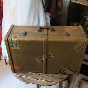 Vintage green hard canvas trunk, suitcase with leather handle from Europe