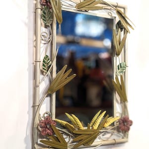 Vintage French 1970s floral toleware mirror tole flowers leaves, corn decor design, rare vintage wall hanging mirror // home decor