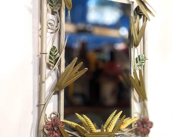 Vintage French 1970s floral toleware mirror tole flowers leaves, corn decor design, rare vintage wall hanging mirror // home decor