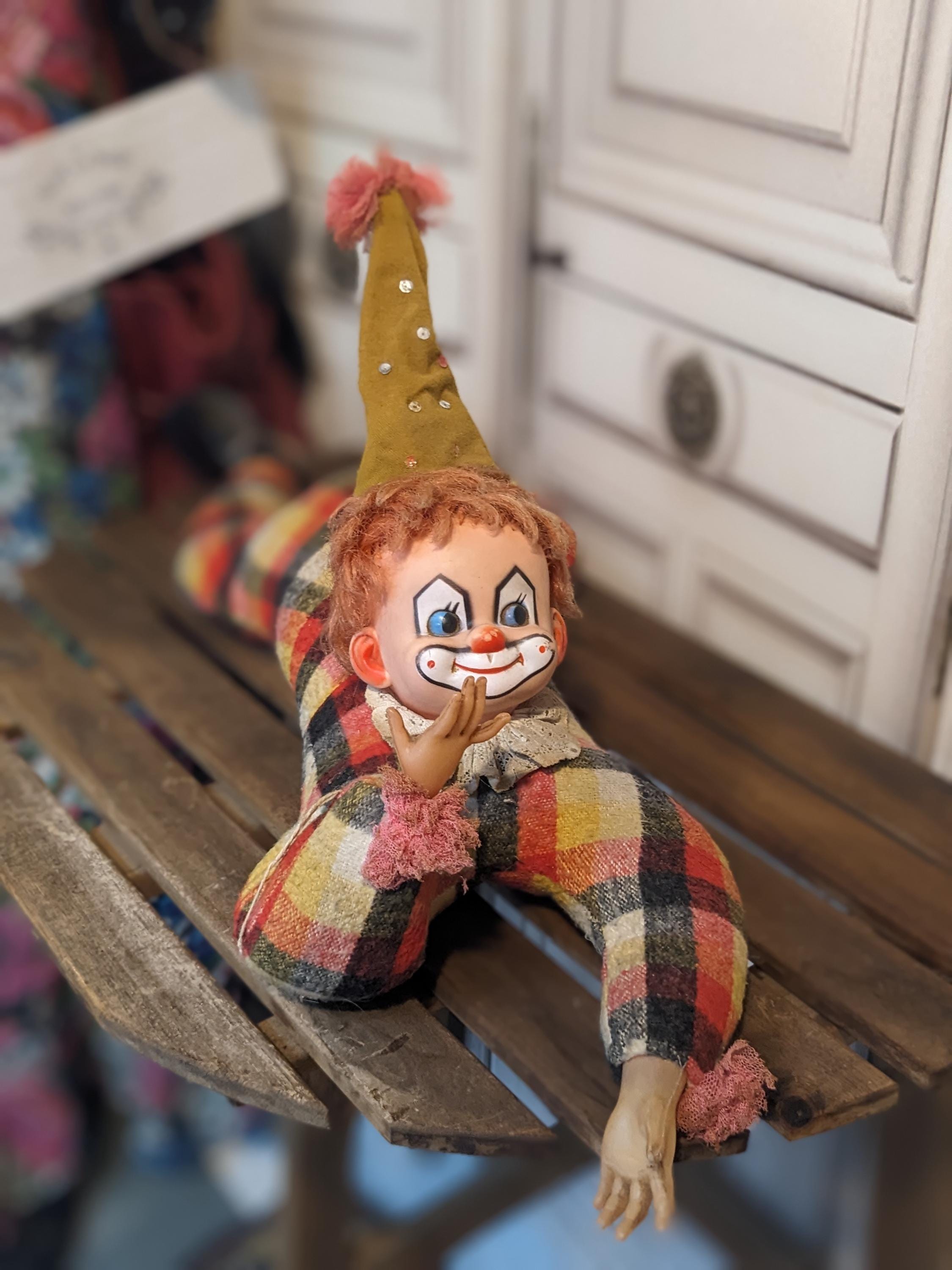 CLOWN VINTAGE TISSUS RÉTRO PERSONNAGE CIRQUE JOUET CELLULOÏD