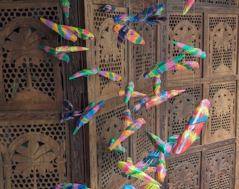 Birds Mobile Wooden Birds Vintage Indian Painted birds Hanging Cheerful Decoration Carved Wooden Parrot 35 Indian Rare Find