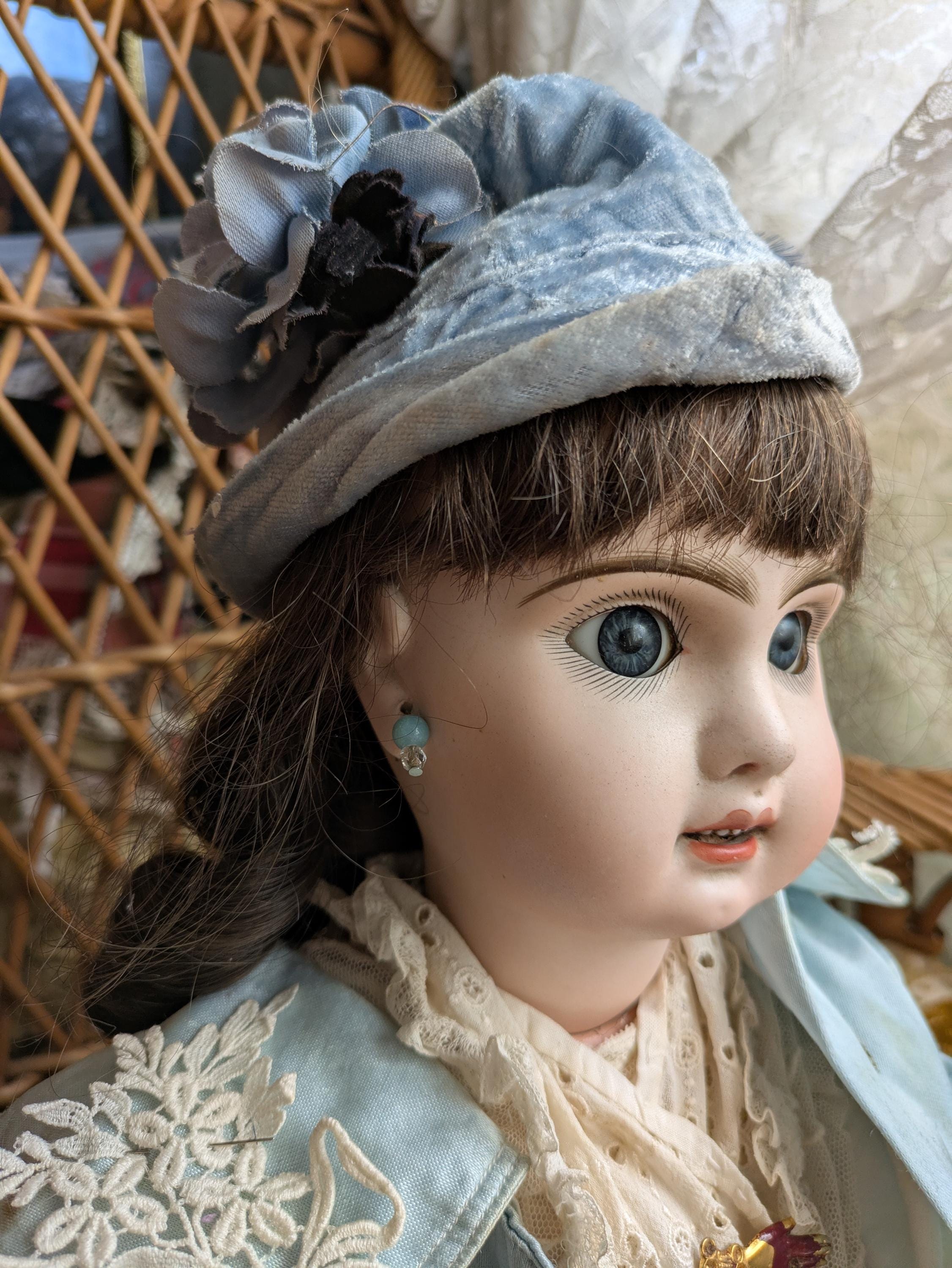 青い目のアンティークドール アンティーク テテ ジュモー ドール 20 インチ ドレスとコート（ブルー