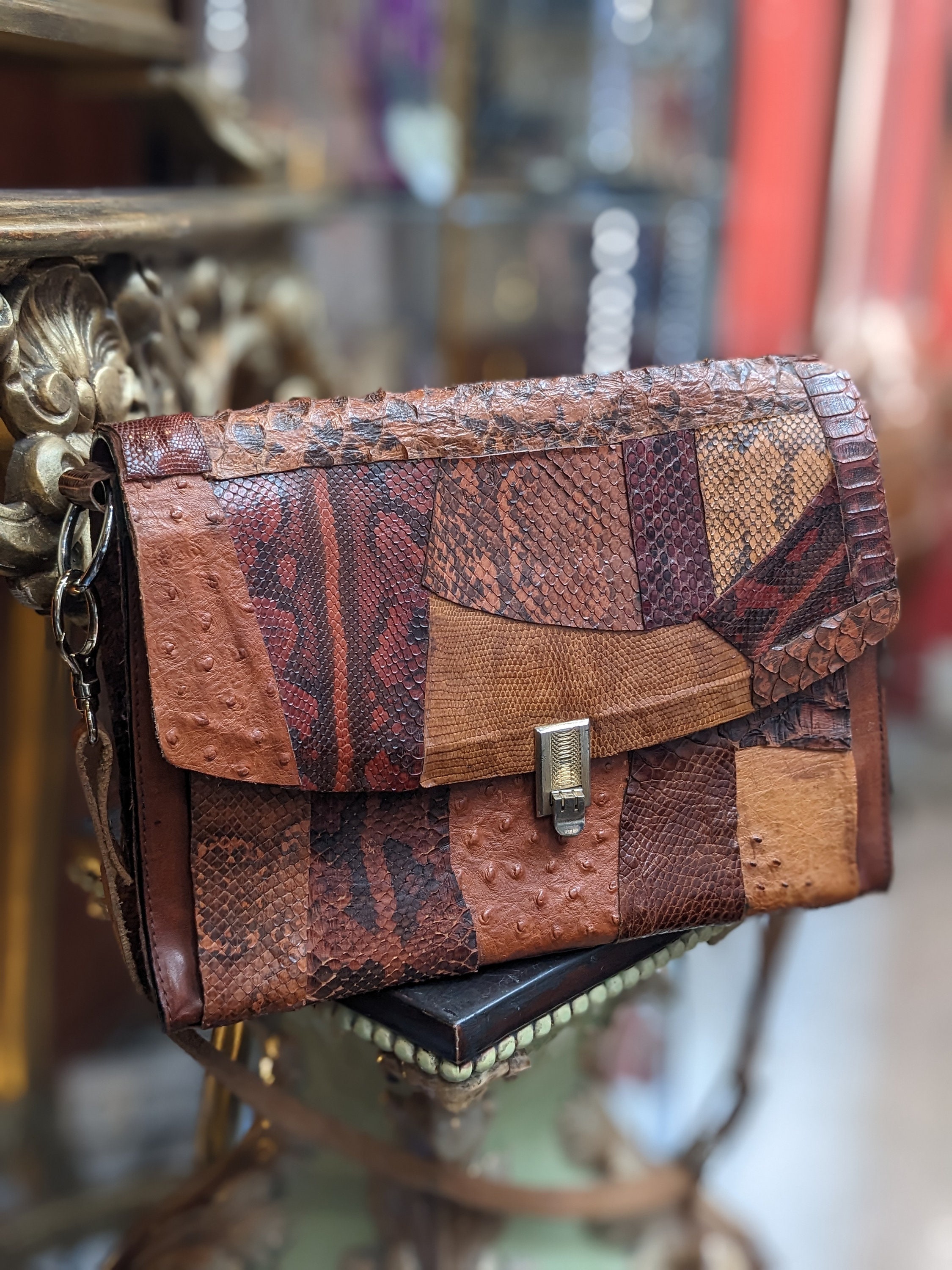 Vintage Shoulder Leather Patchwork Bag // Snake, Pyton and Oyster 