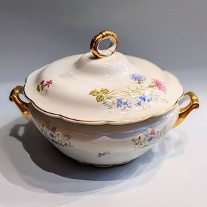 Antique Soup Tureen Porcelain Made in Spain // Flowers porcelain Cottage Home